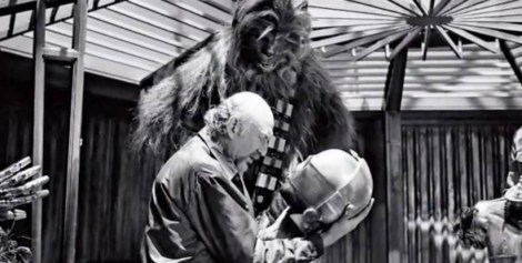 Diretor Irvin Kershner orientando Peter Mayhew (Chewbacca)